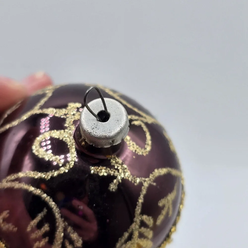 2 Vtg Glass Ball Christmas Ornaments Purple Gold Hand Blown‎ Unique